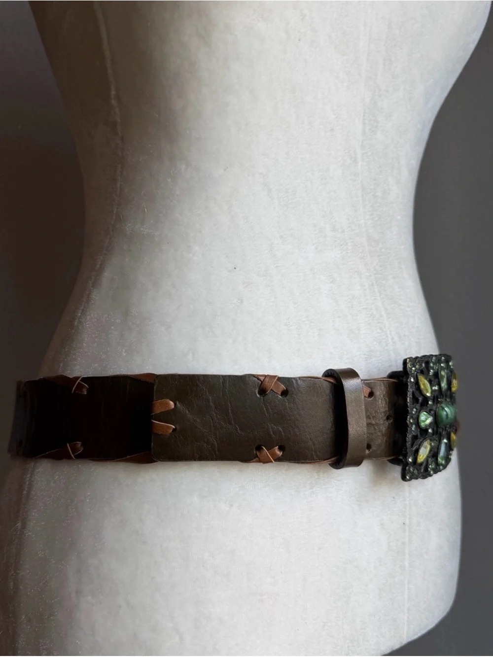 Brown Wide Boho Belt Green Jeweled Statement Buckle 33-36”